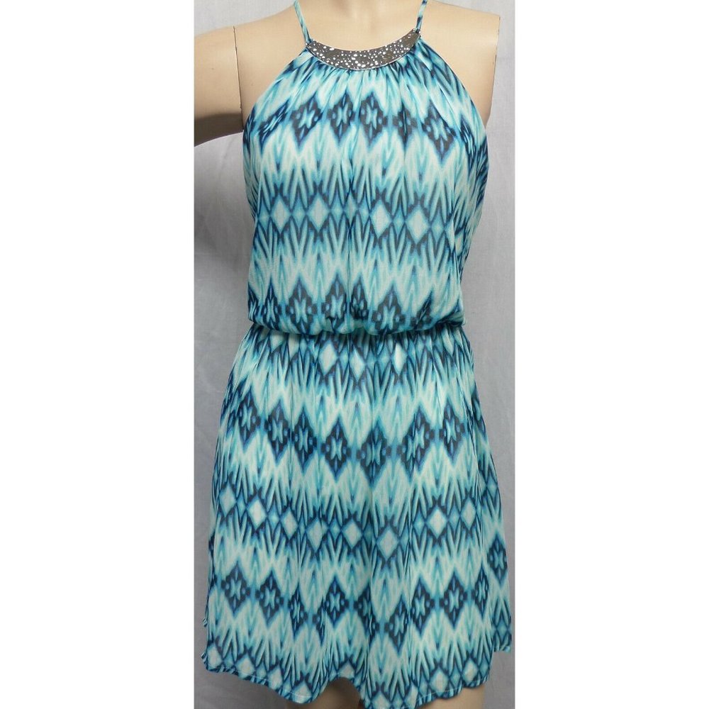 NEW AS YOUR WISH BY NORSTROM  BLUE METAL COLLAR CASUAL BLOUSON DRESS SIZE: S NWT